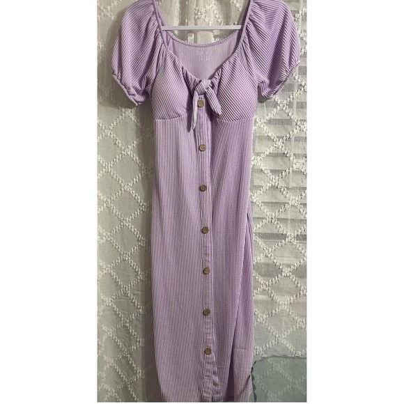 No Boundaries Dresses & Skirts - Women's Size Small Lilac Purple Ribbed Knit Button Front Puff Sleeve Midi Dress